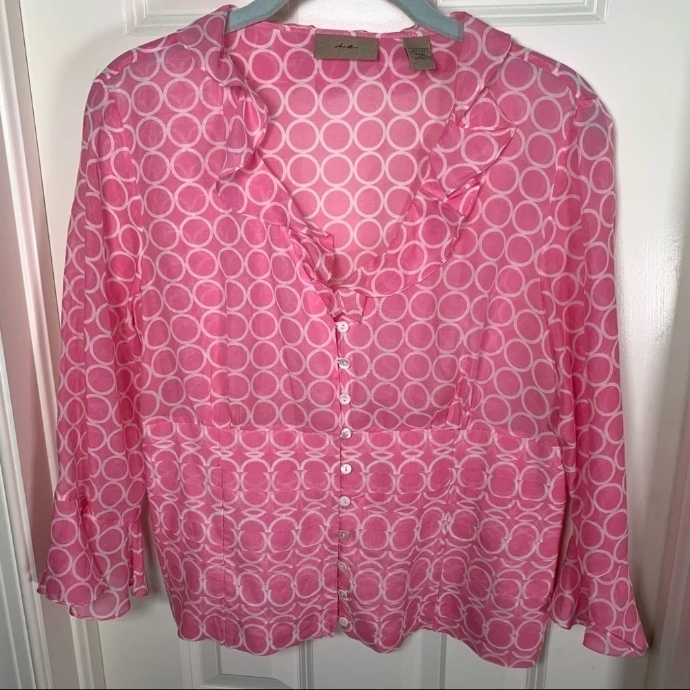 i.e. feminine y2k pink silk blouse with ruffle scoop neckline and bell sleeves L - Picture 2 of 9
